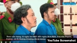 Ông Tô Hoàng Chương và Thạch Cương tại phiên tòa sơ thẩm ở Trà Vinh ngày 20/3/2024.