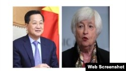 Phó Thủ tướng Việt Nam Lê Minh Khái và Bộ trưởng Tài chính Hoa Kỳ Janet Yellen. Ảnh VGP, Reuters.