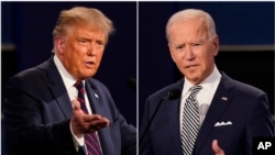 Ông Donald Trump (ảnh trái), lúc đó là tổng thống Mỹ, và ông Joe Biden, lúc đó là cựu phó tồng thống, trong cuộc tranh luận tổng thống đầu tiên của kỳ bầu cử 2020 tại Đại học Case Western ở Cleveland, Ohio, ngày 29/9/2020.